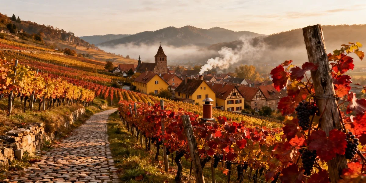 Gewürztraminer-Weinberg im Elsass mit Blick auf die Hügel