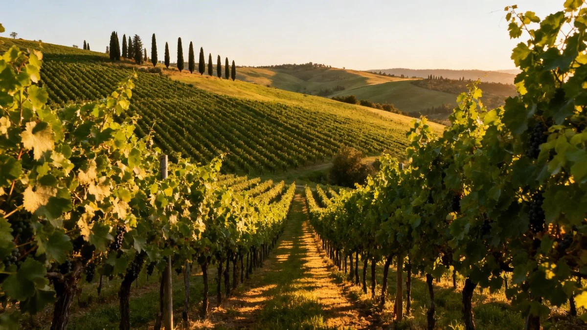 Sangiovese-Weinberg in den Hügeln der Toskana mit Zypressen