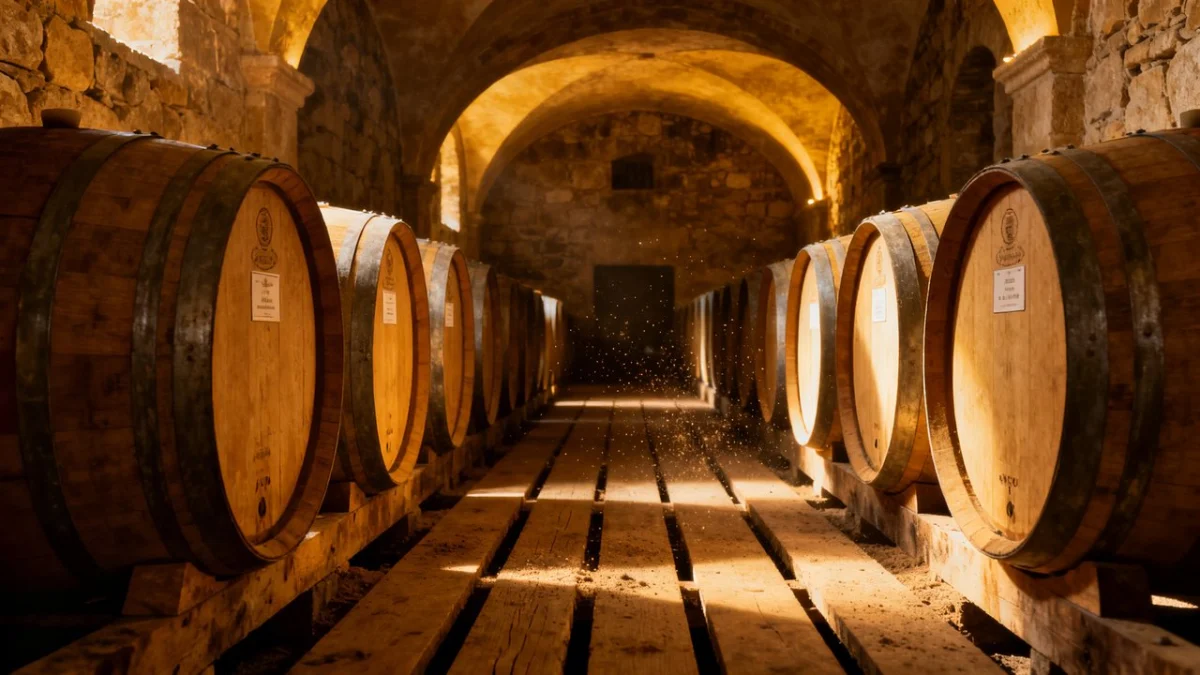 Eichenfässer in einer spanischen Bodega für die Tempranillo-Reifung