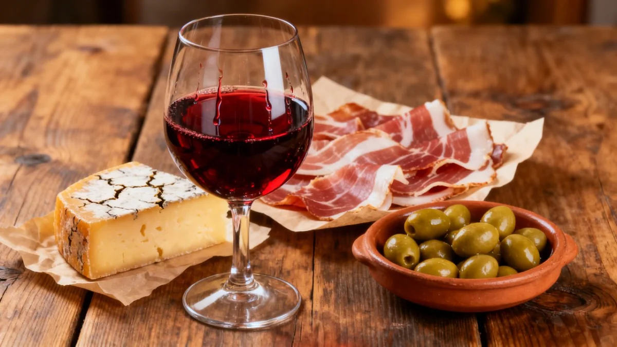 Spanische Tapas und ein Glas roter Tempranillo-Wein