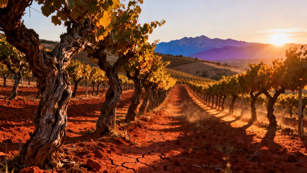 Tempranillo-Weinberg in Rioja mit spanischen Hügeln